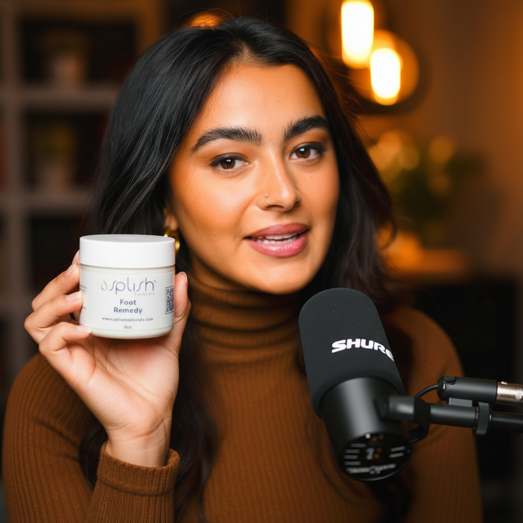 Splish Naturals Foot Remedy shown during a wellness podcast recording