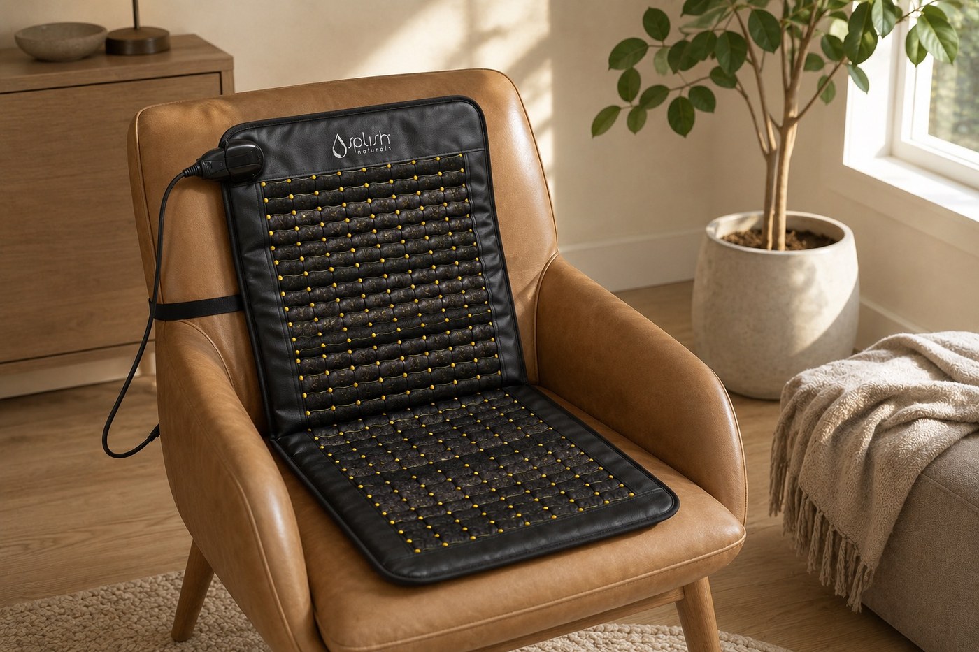 Splish Naturals Portable Rejuvenation Mat draped over a clinic recliner with red light therapy